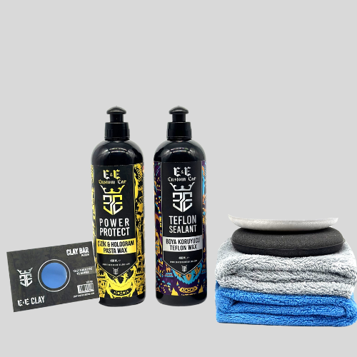 E&E Custom Car Çizik ve Hologram Pasta Wax 400 ml, Boya Koruyucu Teflon Wax 400 ml, Kil Hamuru 200 gr (Bez ve Ped ile)