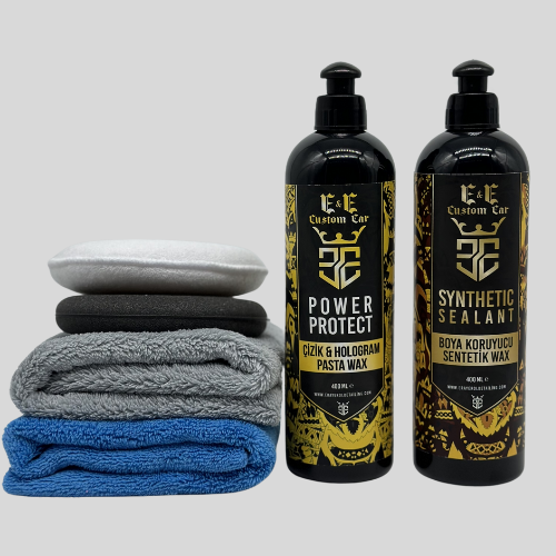 E&E Custom Car Çizik ve Hologram Pasta Wax 400 ml ve Boya koruyucu Sentetik Wax 400 ml (2 Adet Ped Ve 2 Adet Mikrofiber Bez İle)