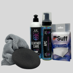 E&E Custom Car Deri Temizleme ve Bakım Seti (APC ve Leather Care, Suff Sihirli Sünger, Mikrofiber Bez, Ped)